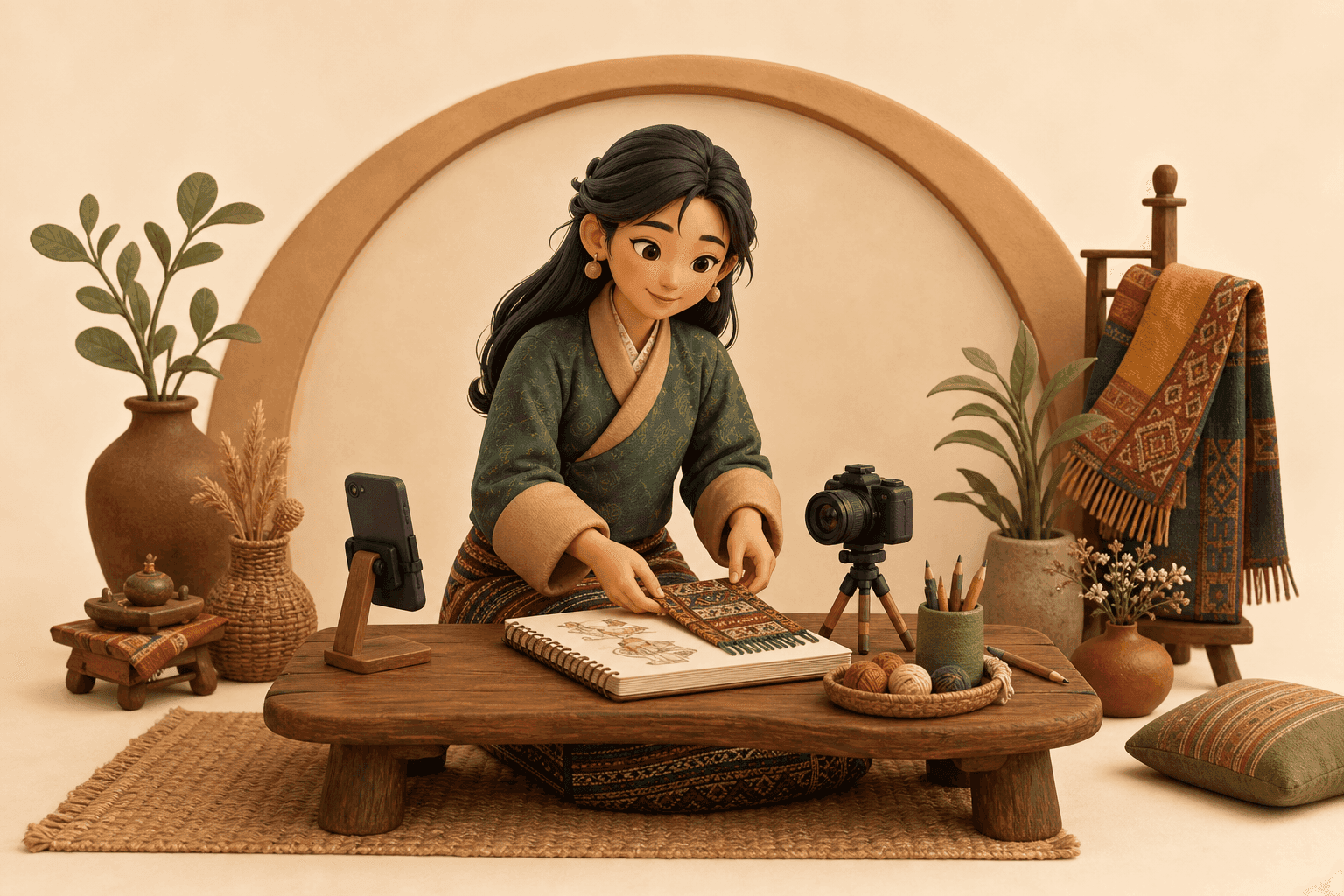 A Bhutanese creator preparing her work at a welcoming desk