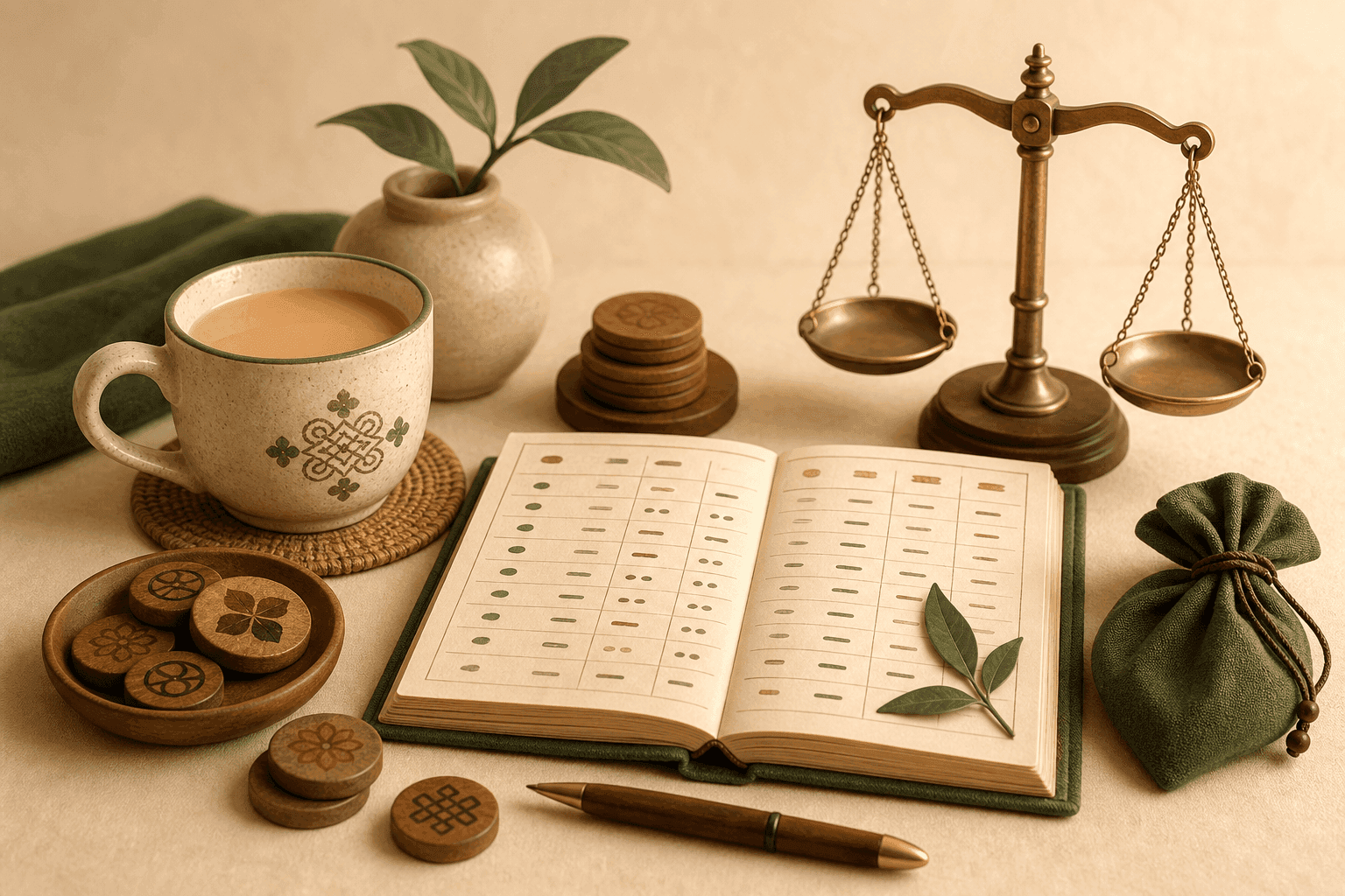 An open ledger, a cup of tea, tokens, and a balanced scale